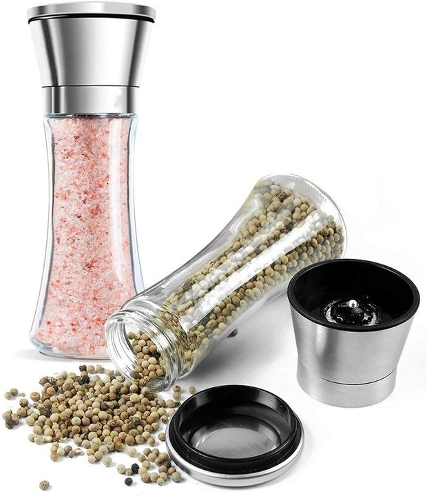 RĘCZNY Szklany Młynek do Pieprzu i Soli 2szt DUŻY Pojemnik + STOJAK