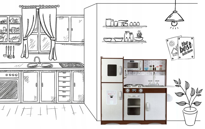 KUCHNIA DREWNIANA DLA DZIECI RETRO KUCHENKA DUŻA ŚWIATŁO LED + TABLICA