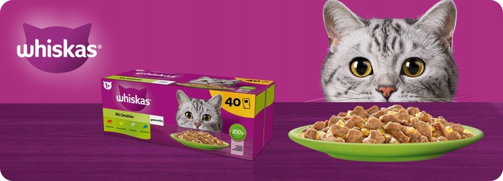 MOKRA KARMA WHISKAS MIX SMAKÓW W GALARETCE SASZETKI 40X85G