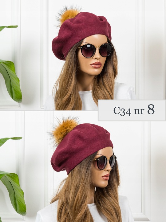 BERET Z POMPONEM CIEPŁY ZIMOWY z WEŁNĄ CZAPKA DAMSKA JAKOŚĆ PREMIUM