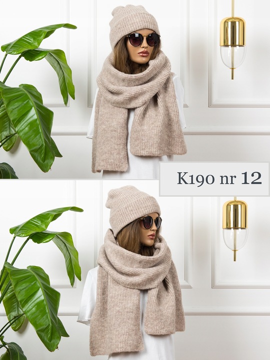 KOMPLET damski CZAPKA + duży SZALIK prążkowany ciepły szal zimowy POLSKI