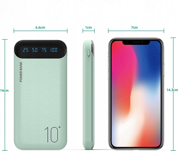 POWERBANK 10000mAh 2,4A 2×USB/USB-C SZYBKI WYDAJNY POWER BANK LED ZIELONY