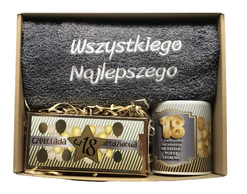 PREZENT NA URODZINY 18-70 Zestaw Kosz Prezentowy Ręcznik Kubek Czekolada