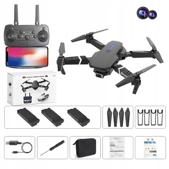 DRON E88 2x KAMERA 4K ZAWIS 200M UNIKANIE PRZESZKÓD WIFI+WALIZKA PILOT ETUI