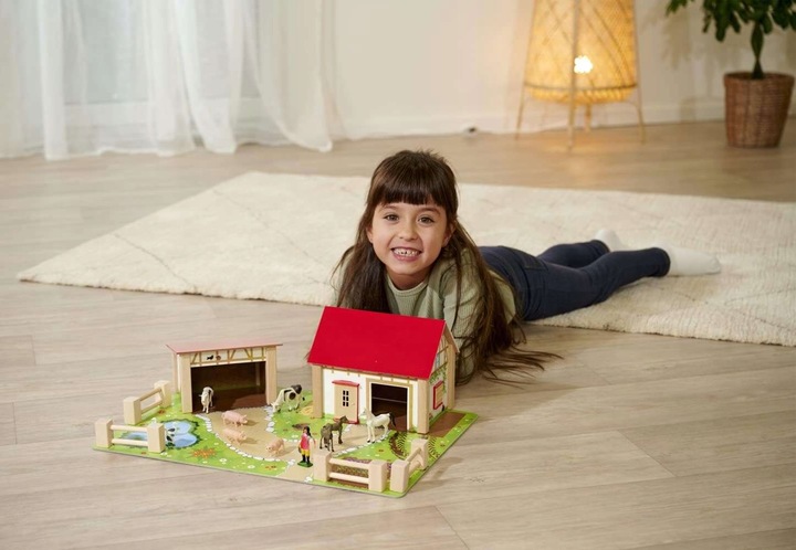 DUŻA DREWNIANA FARMA ZAGRODA + FIGURKI ZWIERZĄT KONIE ŚWINKI STAJNIA 25 EL.