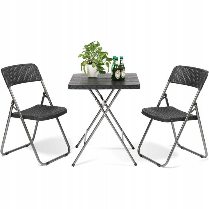 ZESTAW BISTRO 3W1 STÓŁ + 2 KRZESŁA IMITACJA RATTANU ZESTAW BALKONOWY CZARNY