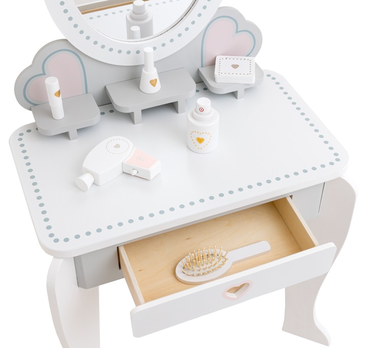 Drewniana toaletka dla dziewczynki z krzesełkiem lustro akcesoria szuflada