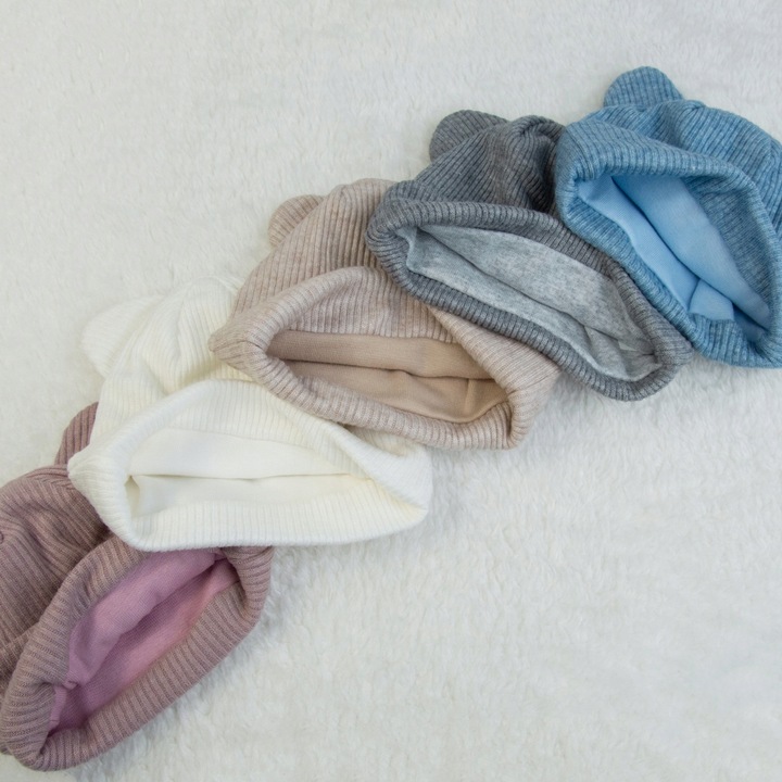 CZAPKA dla noworodka I KOMIN KOMPLET Z PODSZEWKĄ WIOSNA JESIEŃ 36-38cm ecru