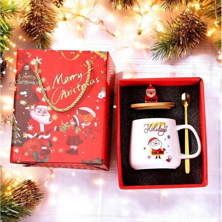 KUBEK ŚWIĄTECZNY - zestaw w pudełku z pokrywką i łyżeczką 225 ml, biały