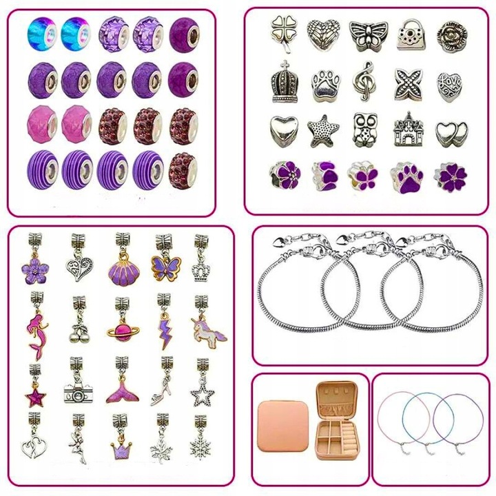 Zestaw Do Biżuterii Fiolet Komplet Koralików 68 Elementów Zestaw Kreatywny