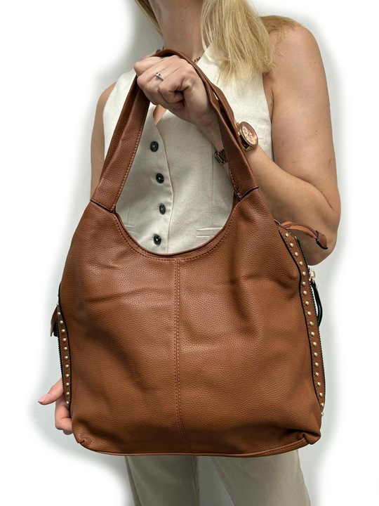 Torebka worek damska z ćwiekami shopper modna pojemna A4 CZARNA