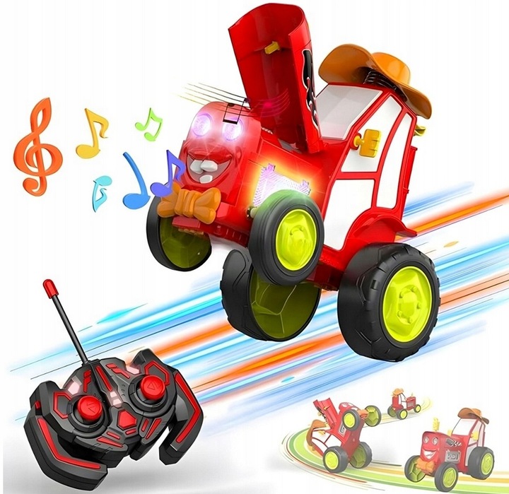 TRAKTOR AUTKO ZDALNIE STEROWANE CIĄGNIK RC CZERWONY ŚWIECI SKACZE TAŃCZY