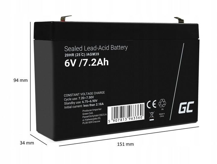Akumulator AGM 6V 7.2Ah do Autka Pojazdów Samochodzików Zabawek Echosond