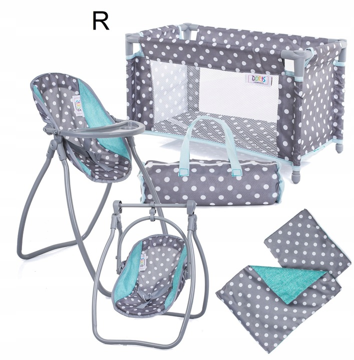 Zestaw dla lalek ŁÓŻECZKO + KRZESEŁKO do karmienia dla laki HUŚTAWKA 2w1