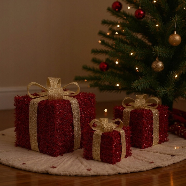 Świąteczne Pudełka Prezenty LED 3 szt. Dekoracja Boże Narodzenie Czerwone