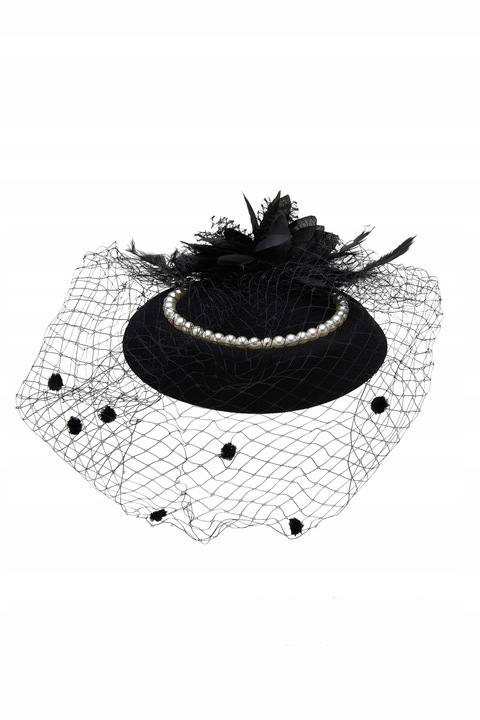 Elegancki czarny Fascynator kapelusz z woalką i perełkami retro vintage