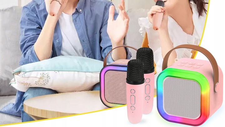 ZESTAW GŁOŚNIK BLUETOOTH PRZENOŚNY KARAOKE RGB 2 MIKROFONY USB SD MINI JACK