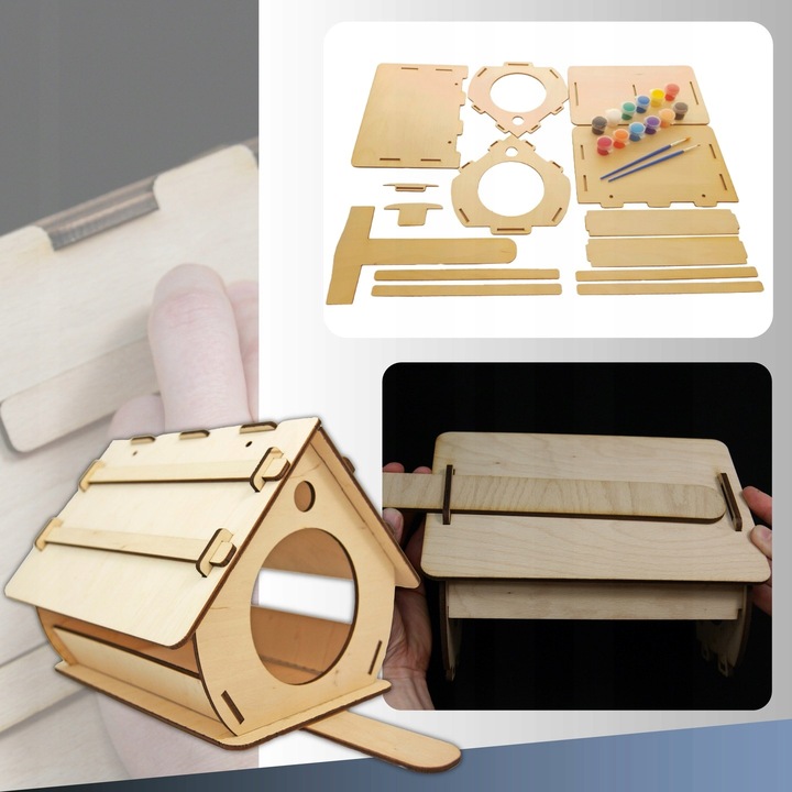 Drewniany KARMNIK Dla Ptaków do Złożenia i Malowania+farby DIY