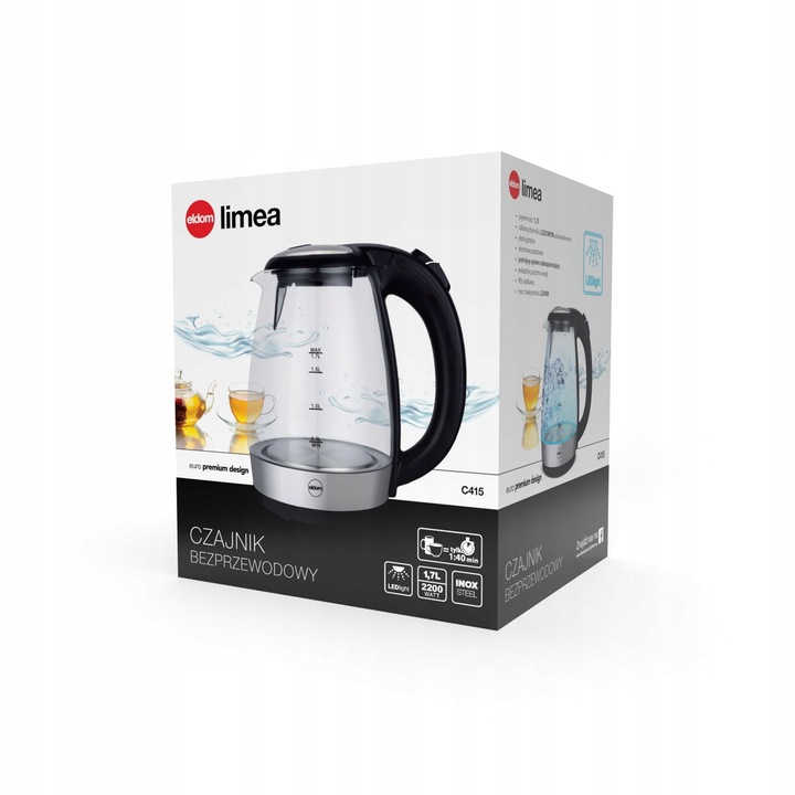 CZAJNIK ELEKTRYCZNY BEZPRZEWODOWY SZKLANY C415 ELDOM 2200 W 1,7 l