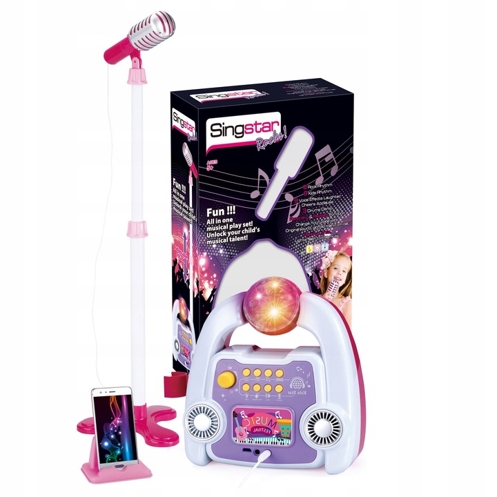 ZESTAW DO KARAOKE MIKROFON DLA DZIECI WZMACNIACZ STATYW EFEKTY NAGRYWANIE