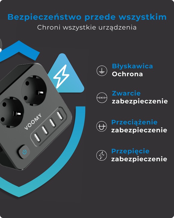 Voomy S2 6-w-1 Listwa Zasilająca: 2x Gniazda, 4x USB 3.1A, 4000W, 2m Kabel