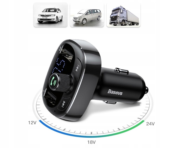 BASEUS TRANSMITER FM BLUETOOTH ŁADOWARKA SAMOCHODOWA MP3 2x USB SD/ TF 3.4A