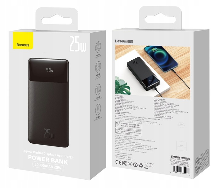 SZYBKI POWERBANK BASEUS 20000MAH 25W PD 3x USB USB-C 3A QC 3.0 UNIWERSALNY