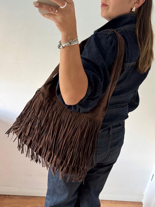 Torba Flora&Co torebka frędzle worek zamsz zamszowa eco brązowa czekoladowy