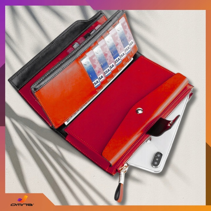 Portfel damski skórzany duży lakierowany pojemny RFID z paskiem czerwony