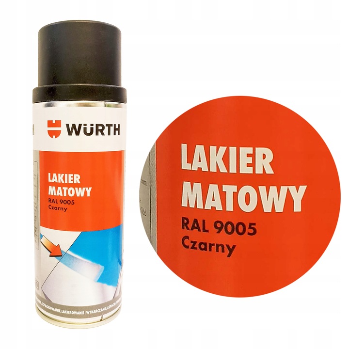 WURTH Lakier Czarny Mat Satyna Spray Szybkoschnący RAL 9005 400ml