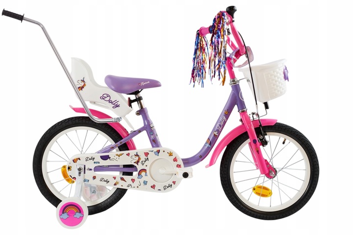 Rower 16" cali dziecięcy dla dziewczynki fotelik, kółka boczne,frędzle,kosz