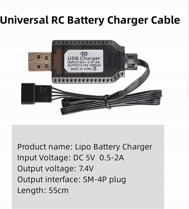 Kabel do ładowarki USB ze złączem wtykowym SM-4P do akumulatora LiPo 2S 7,4