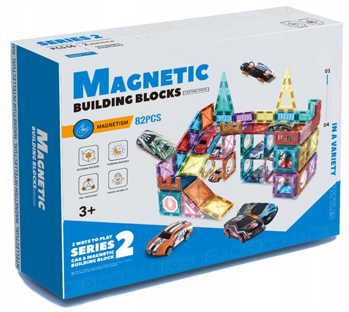 Klocki magnetyczne konstrukcyjne ZESTAW XXL 82 el. tor samochodowy 12 AUT