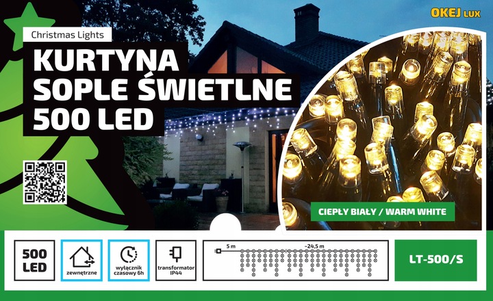 SOPLE 500 LED KURTYNA 25m LAMPKI ZEWNĘTRZNE CIEPŁE BIAŁE STAŁE + TIMER