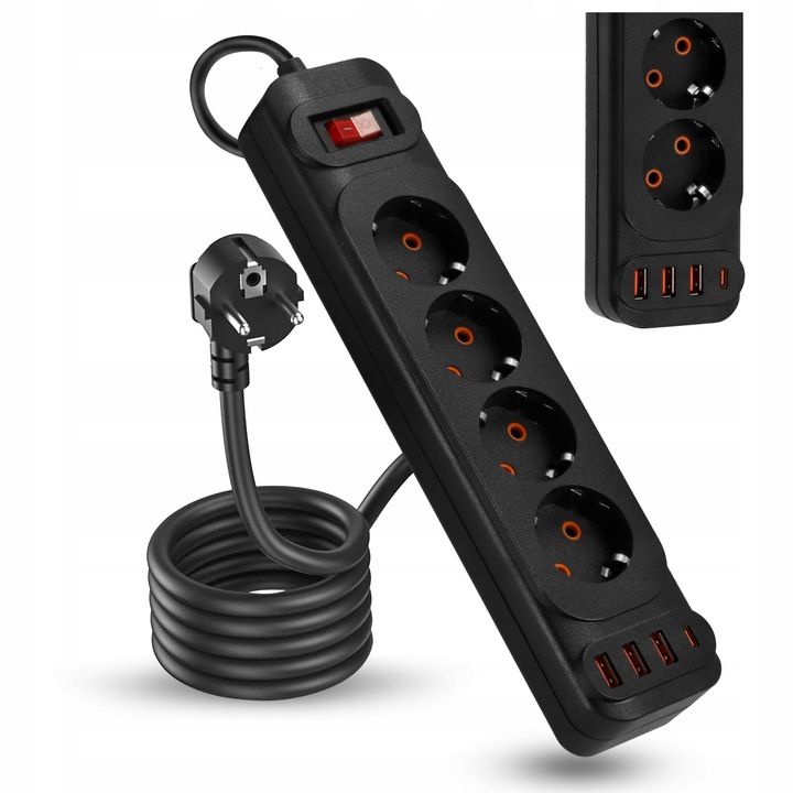 Przedłużacz Listwa Zasilająca Sieciowa 4 Gniazda 230V 5M 4x USB A Ładowarka