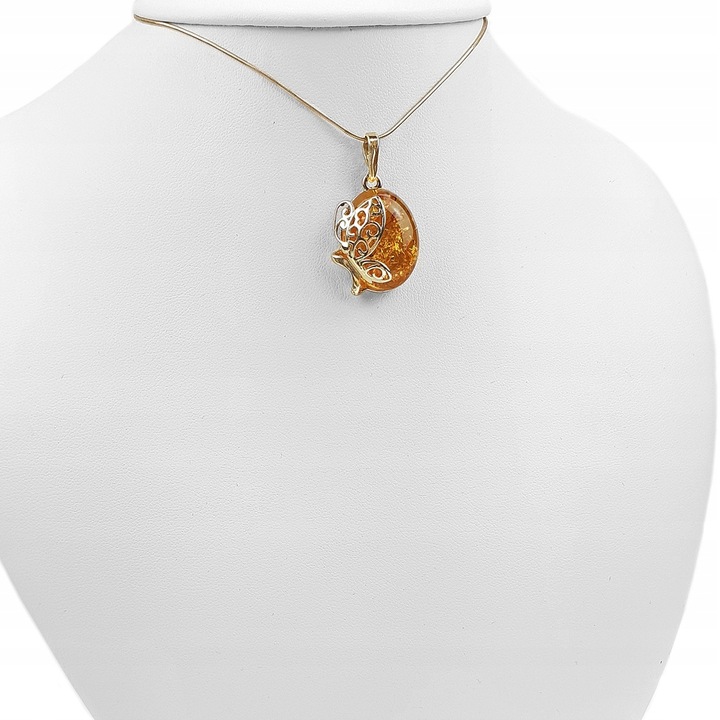 ZŁOTY WISIOREK naszyjnik z BURSZTYN i SREBRO łańcuszek snake żmijka PREZENT