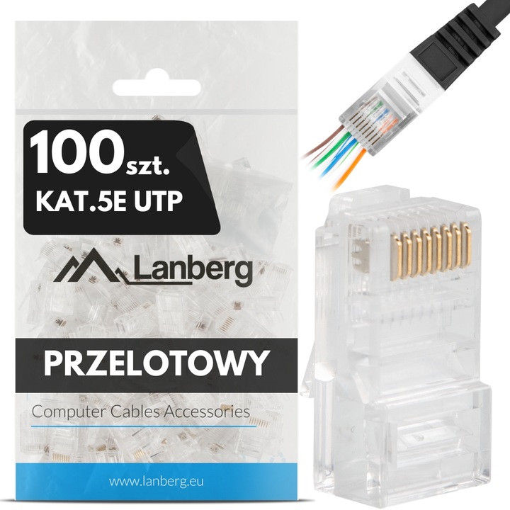 100X WTYK WTYKI KOŃCÓWKI WTYCZKA RJ45 8P8C UTP CAT KAT.5E PRZELOTOWE LANBER
