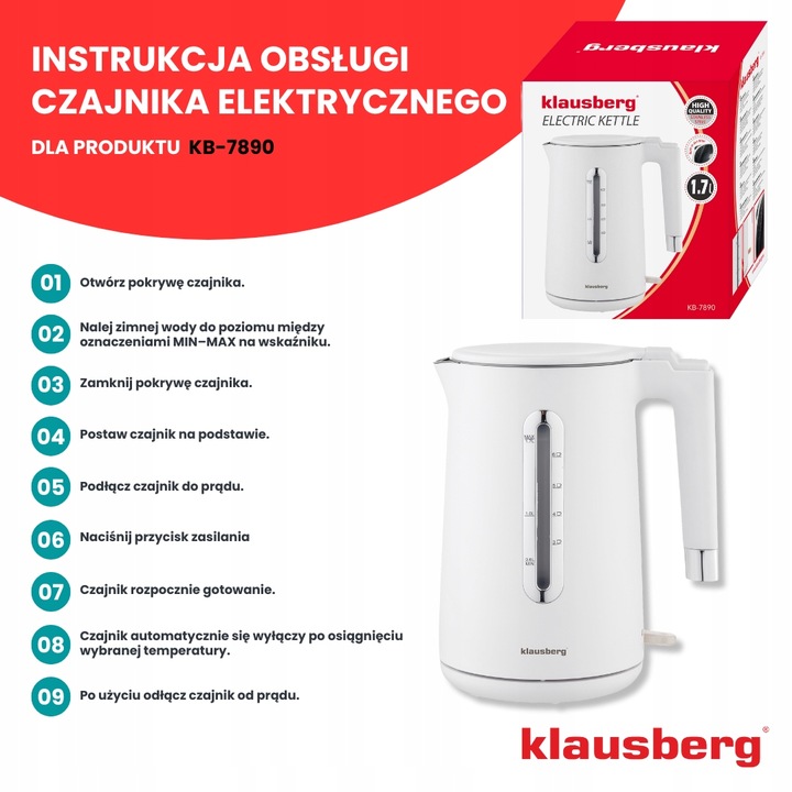Czajnik elektryczny Klausberg KB-7890 1.7L stal 304 biały filtr 2200W