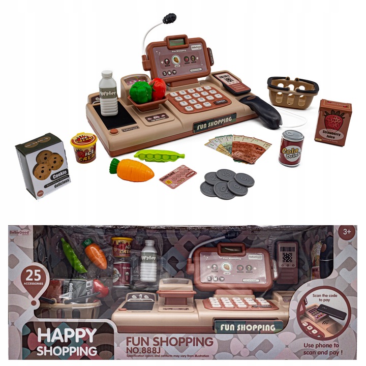 Kasa Fiskalna Edukacyjna Sklepowa Waga Koszyk Czytnik Kodów Monety Mikrofon