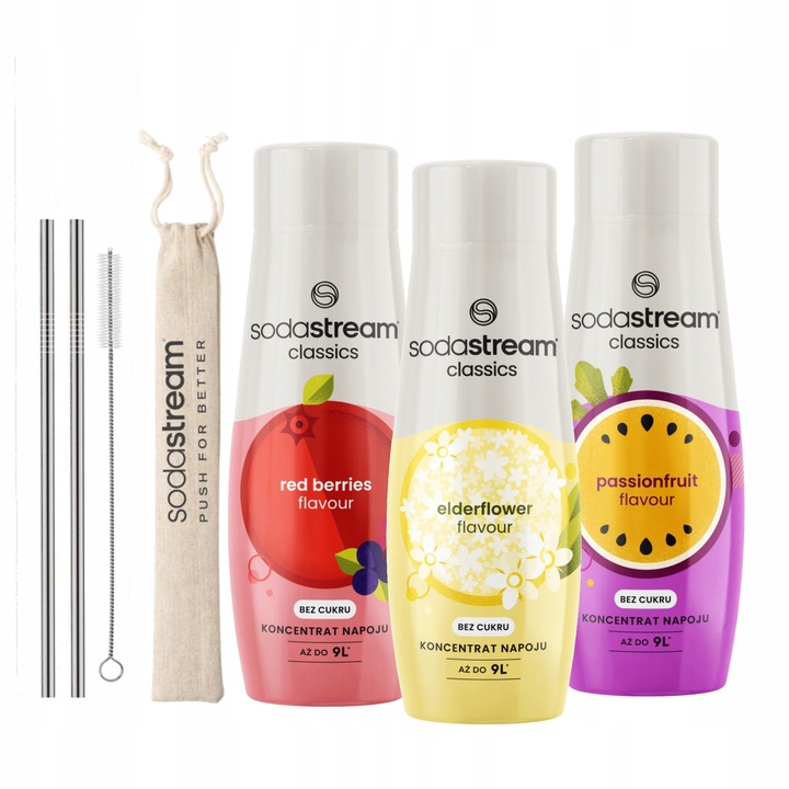 ZESTAW Syrop koncentrat do wody SodaStream bez cukru 3x440ml słomki