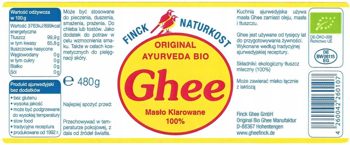 MASŁO KLAROWANE Ghee BIO Finck Naturkost sklarowane KETO tłuszcz 480g