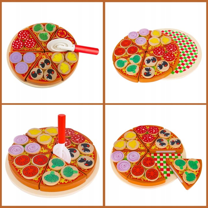 DREWNIANA PIZZA DO KROJENIA UKŁADANKA NA RZEP RZEPY AKCESORIA NÓŻ