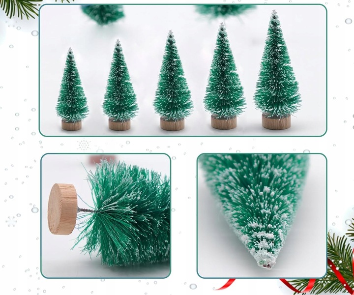 12 MINIATUROWYCH ZIELONYCH CHOINEK Z Efektem Śniegu Zestaw Do Dekoracji