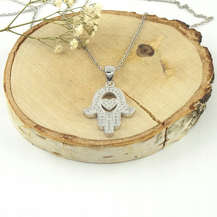 Srebrny Naszyjnik Damski 925 Wisiorek Łańcuch Dłoń Ręka Fatimy Hamsa Amulet