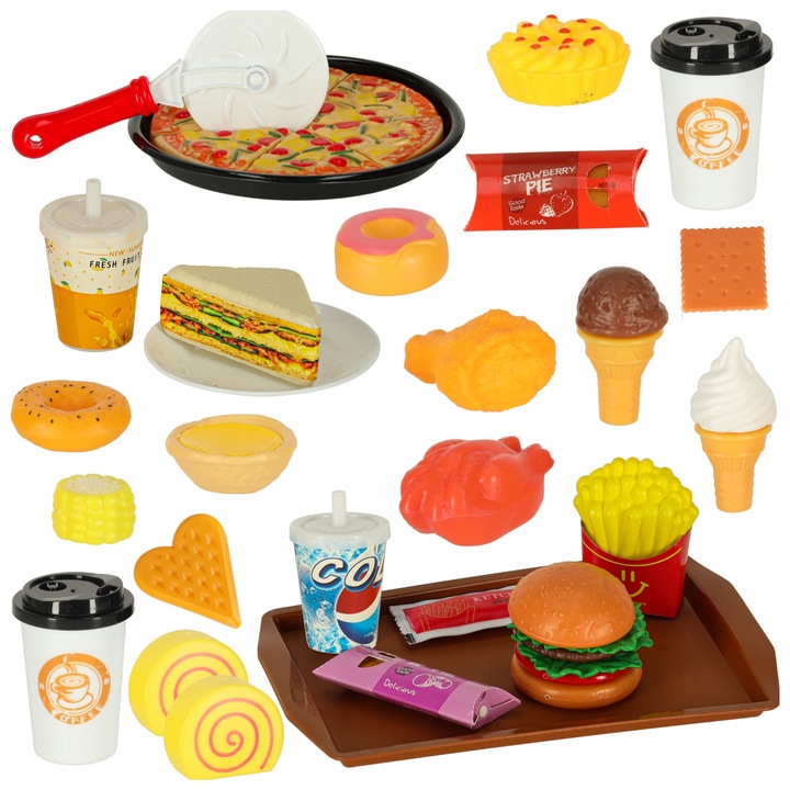 ZABAWKOWE JEDZENIE AKCESORIA DO KUCHNI DLA DZIECI PLASTIKOWE ZESTAW 56 EL.