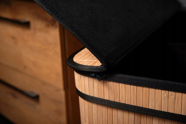 BAMBUSOWY CZARNY KOSZ NA PRANIE WOLNOSTOJĄCY POJEMNIK Z POKRYWĄ 72L