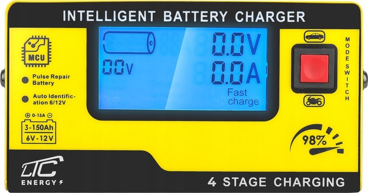 SZYBKI PROSTOWNIK ŁADOWARKA 6V/12V 15A AKUMULATORÓW SAMOCHODOWYCH, ŻELOWYCH