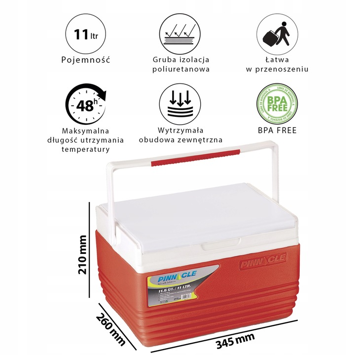 Pojemna lodówka na piknik Pinnacle TPX 6007 11L czerwona + 2 wkłady T1000
