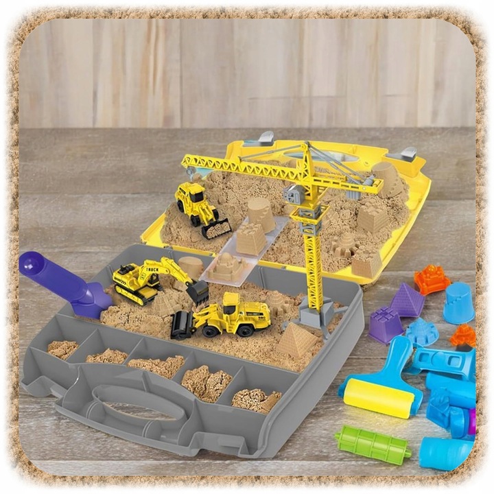 ZESTAW KONSTRUKCYJNY PIASEK KINETYCZNY DŹWIG POJAZDY BUDOWLANE DLA DZIECI