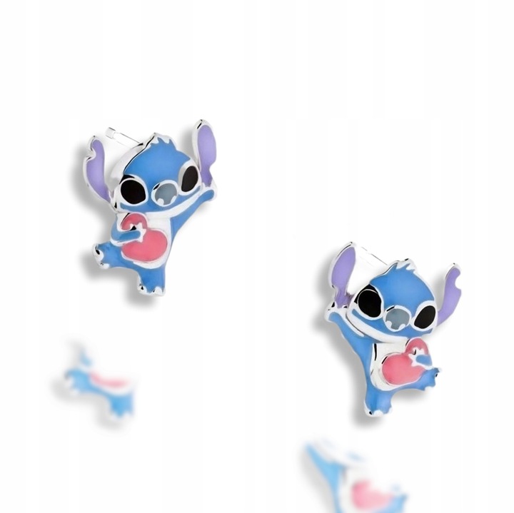 Pr.925 Srebrne bajkowe kolczyki Stich z serduszkiem -HIT kolorowy Stitch